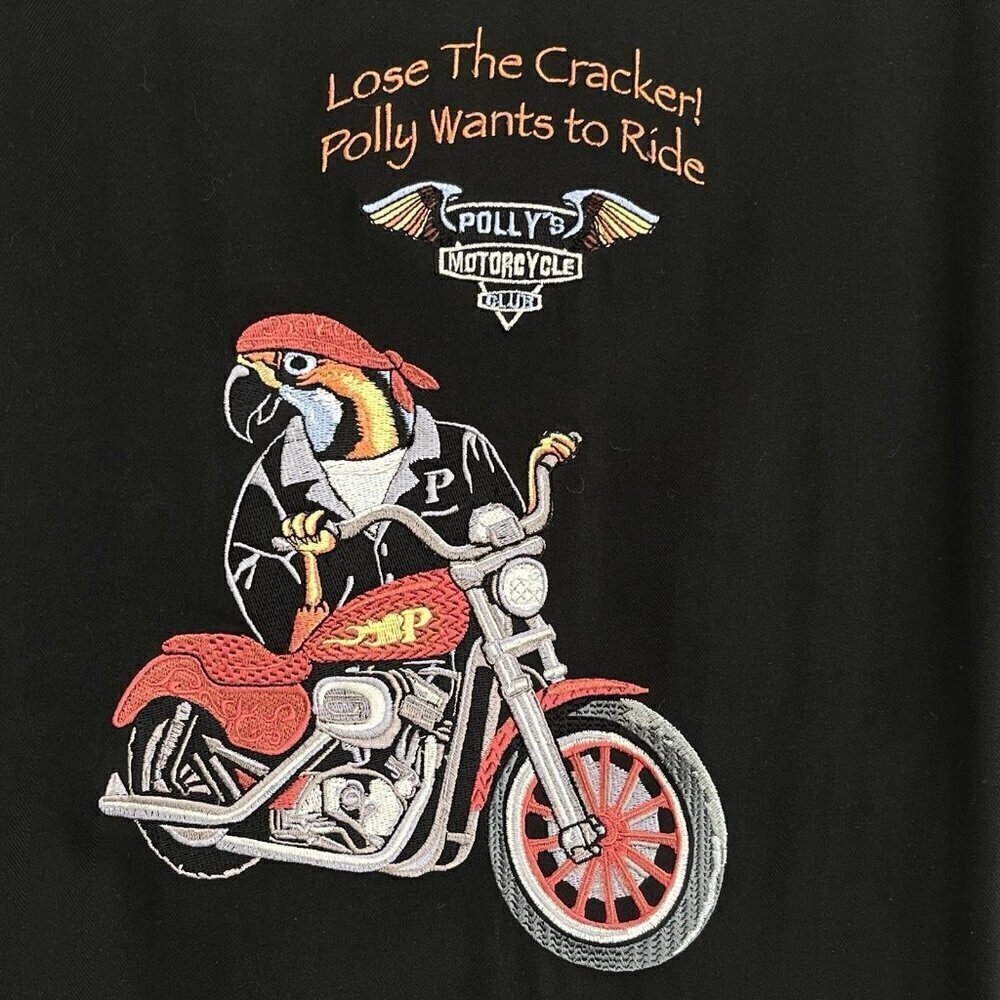 Luau Mens 100% Silk Embroidered Shirt Polly Wants to Ride Motorcycle Biker
